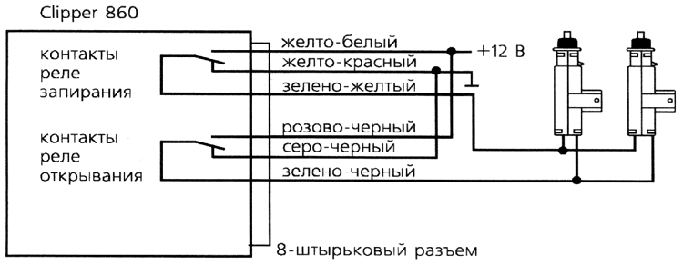 Схема подключения к двухпроводным приводам систем запирания.