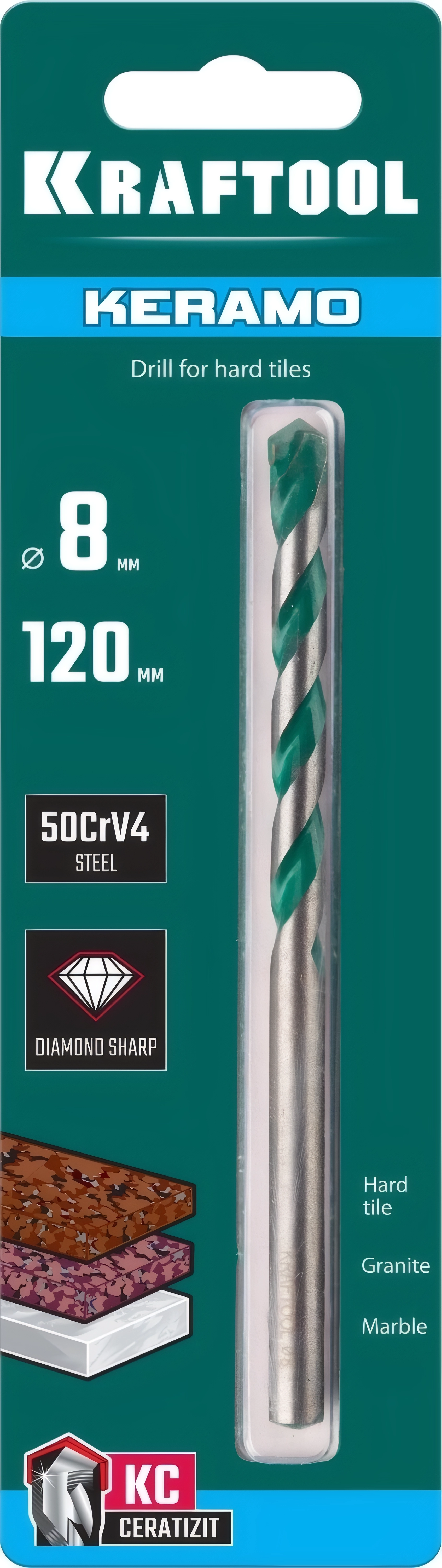 Сверло по керамограниту KRAFTOOL Keramo, 8 х 120 мм, тв.сплав КС