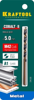 Сверло по металлу KRAFTOOL COBALT-8, 5.0 х 86 мм, сталь М42, HSS-Co(8%)