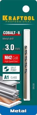 Сверло по металлу KRAFTOOL COBALT-8, 3.0 х 61 мм, сталь М42, HSS-Co(8%)