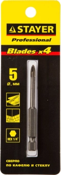 Сверло по стеклу и кафелю STAYER 5 мм, 4х кромка, HEX 1/4