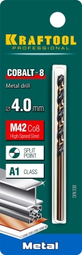 Сверло по металлу KRAFTOOL COBALT-8, 4.0 х 75 мм, сталь М42, HSS-Co(8%)