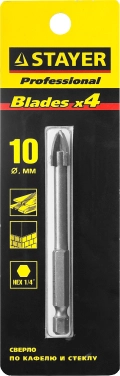 Сверло по стеклу и кафелю STAYER 10 мм, 4х кромка, HEX 1/4