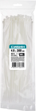 Хомуты-стяжки СИБИН ХС-Б, 4.8 x 300 мм, нейлон РА66, 100 шт, белые