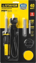 Professional STAYER PROTerm, 40 Вт, с 2к рукояткой, конус, подставка + припой + сменное жало + канифоль, набор для паяльных работ