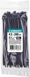 Хомуты-стяжки СИБИН ХС-Ч, 4.5 x 200 мм, нейлон РА66, 100 шт, черные