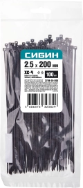 Хомуты-стяжки СИБИН ХС-Ч, 2.5 x 200 мм, нейлон РА66, 100 шт, черные