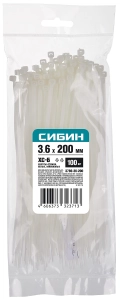 Хомуты-стяжки СИБИН ХС-Б, 3.6 x 200 мм, нейлон РА66, 100 шт, белые