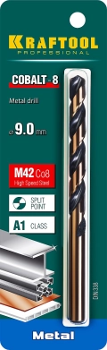 Сверло по металлу KRAFTOOL COBALT-8, 9.0 х 125 мм, сталь М42, HSS-Co(8%)