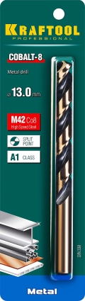 Сверло по металлу KRAFTOOL COBALT-8, 13.0 х 151 мм, сталь М42, HSS-Co(8%)