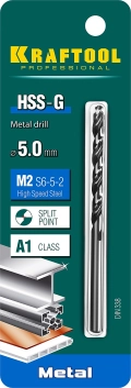 Сверло по металлу KRAFTOOL HSS-G, 5.0 х 86 мм, сталь P6M5