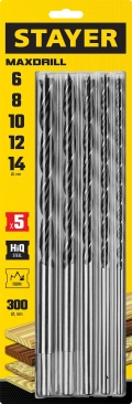 Набор сверл спиральных по дереву STAYER Maxdrill, 5 шт: 6-8-10-12-14 х 300 мм