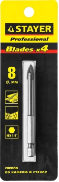 Сверло по стеклу и кафелю STAYER 8 мм, 4х кромка, HEX 1/4