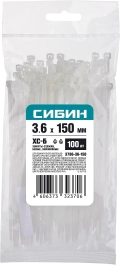 Хомуты-стяжки СИБИН ХС-Б, 3.6 x 150 мм, нейлон РА66, 100 шт, белые