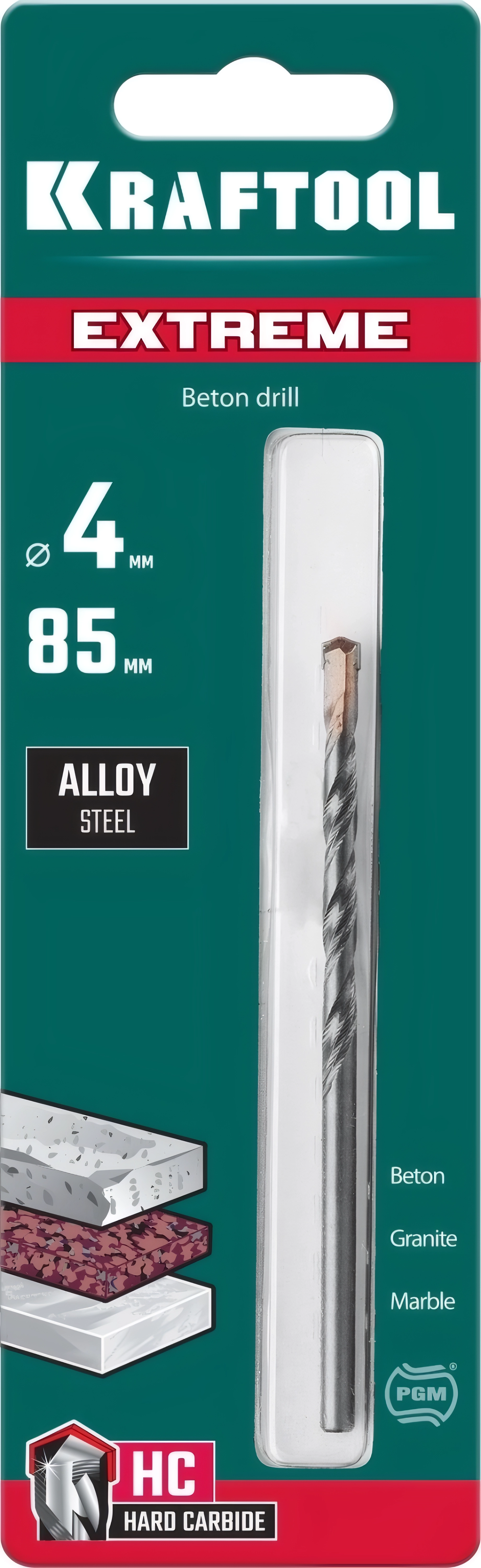 Сверло по бетону KRAFTOOL Extreme, 4 х 85 мм, цилиндр. хвостовик