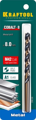 Сверло по металлу KRAFTOOL COBALT-8, 8.0 х 117 мм, сталь М42, HSS-Co(8%)