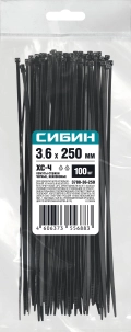 Хомуты-стяжки СИБИН ХС-Ч, 3.6 x 250 мм, нейлон РА66, 100 шт, черные