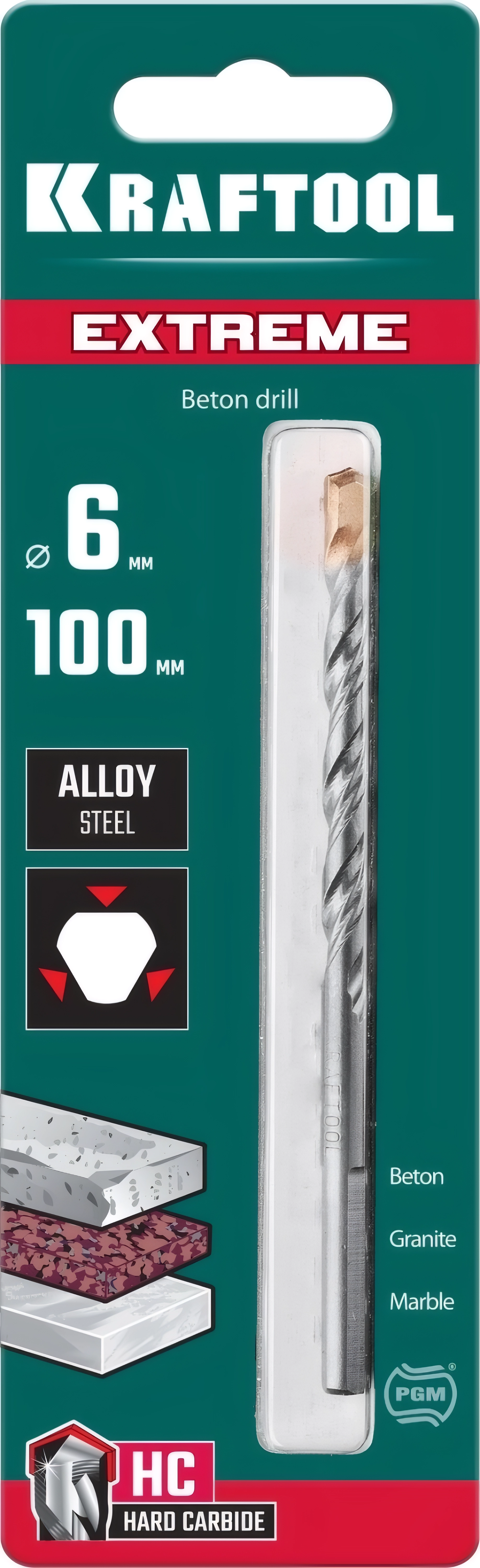 Сверло по бетону KRAFTOOL Extreme, 6 х 100 мм, трехгранный хвостовик