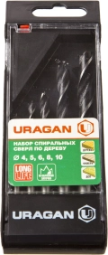 Набор спиральных сверл по дереву URAGAN 5 шт: 4-5-6-8-10 мм