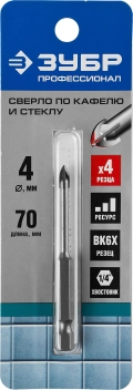 Профессионал ЗУБР 4 мм, 4х кромка, HEX 1/4, Сверло по стеклу и кафелю