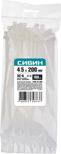 Хомуты-стяжки СИБИН ХС-Б, 4.5 x 200 мм, нейлон РА66, 100 шт, белые