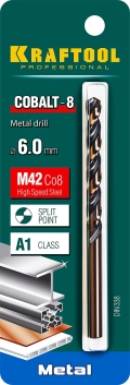 Сверло по металлу KRAFTOOL COBALT-8, 6.0 х 93 мм, сталь М42, HSS-Co(8%)