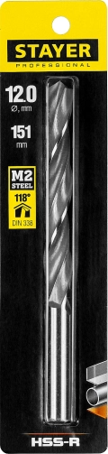 Professional STAYER HSS-R, 12.0 х 151 мм, быстрорежущая сталь P6M5, сверло по металлу