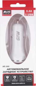 Автомобильное зарядное устройство AVS UC-322 White - 2 x USB, максимальный ток 2,4 А, выходное напряжение 5 В, напряжение питания 12-24В
