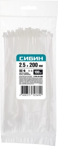 Хомуты-стяжки СИБИН ХС-Б, 2.5 x 200 мм, нейлон РА66, 100 шт, белые