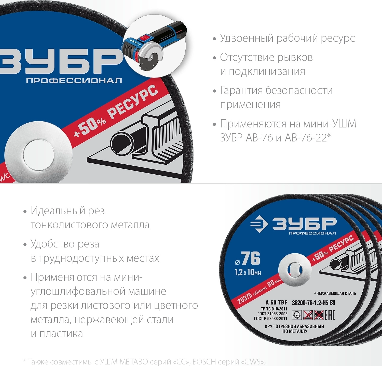Набор дисков отрезных по металлу ЗУБР Х-2 76х1.2 / 10 мм для мини-УШМ 5 шт