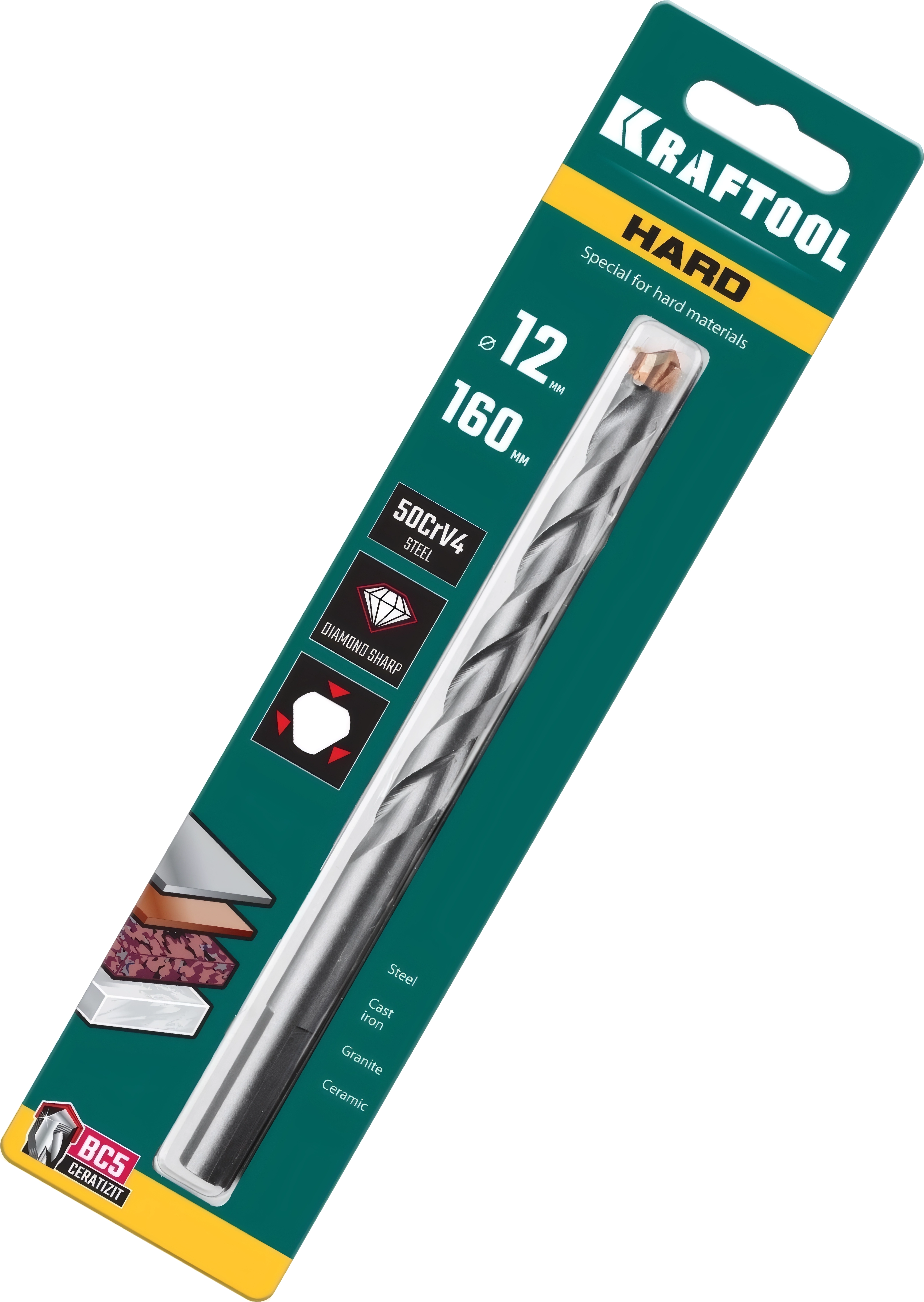 Сверло специальное по твёрдым материалам KRAFTOOL Hard, 12 х 160 мм, тв.сплав ВС5