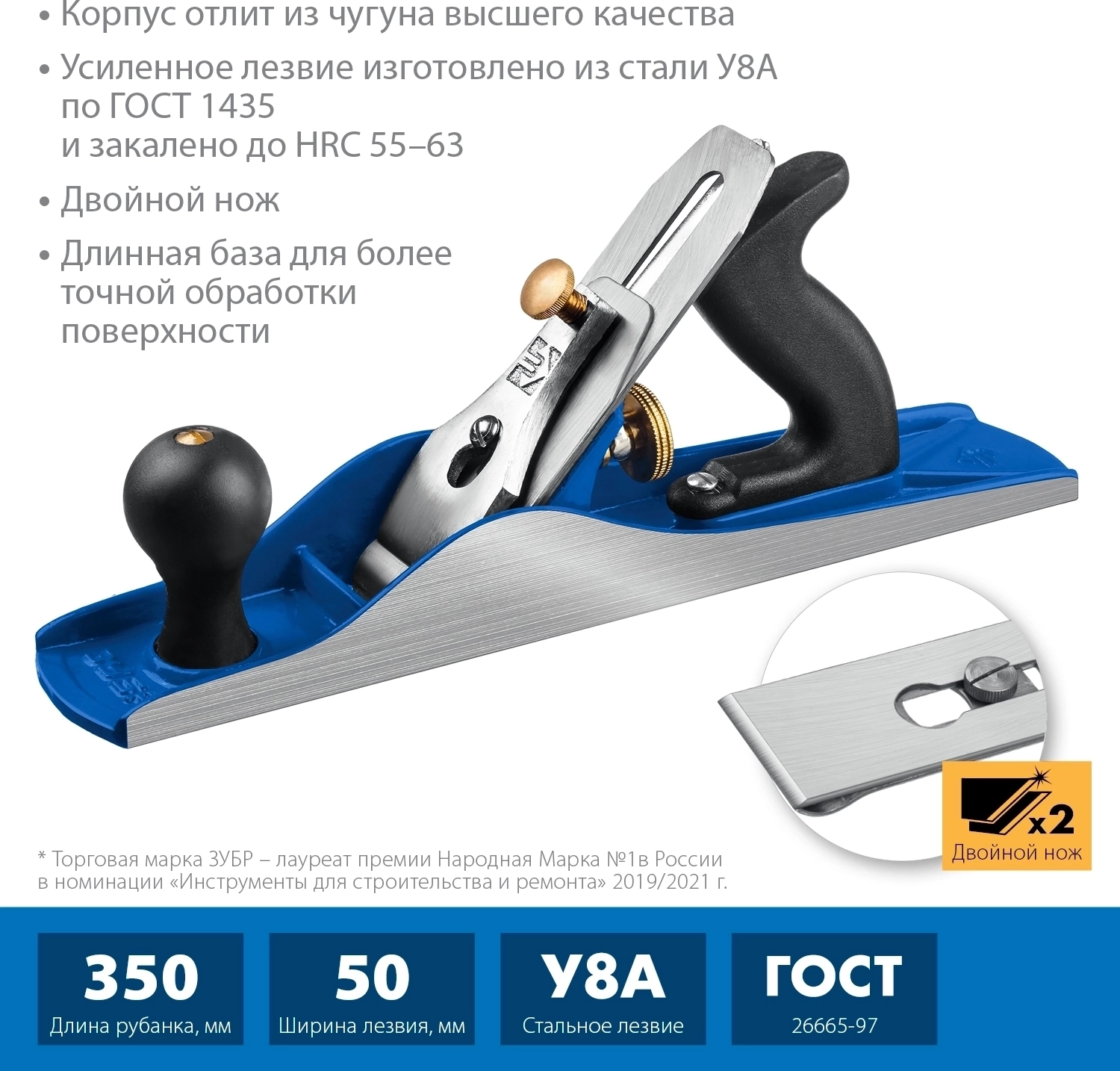 Металлический рубанок ЗУБР Полуфуганок 350 х 60 мм №5