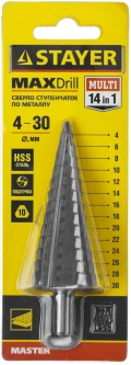 Ступенчатое сверло STAYER 4-30 мм, 14 ступеней, сталь HSS