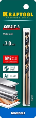 Сверло по металлу KRAFTOOL COBALT-8, 7.0 х 109 мм, сталь М42, HSS-Co(8%)