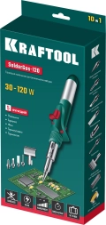 Газовый паяльник KRAFTOOL SolderGas, 120 K, 30 - 120 Вт, 1300°С, горелка, фен, пьезоподжиг, набор 10 в 1