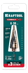 Сверло ступенчатое KRAFTOOL COBALT 6-30мм, 13 ступеней, азотирование, винтовая спираль