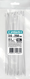 Хомуты-стяжки СИБИН ХС-Б, 3.6 x 250 мм, нейлон РА66, 100 шт, белые
