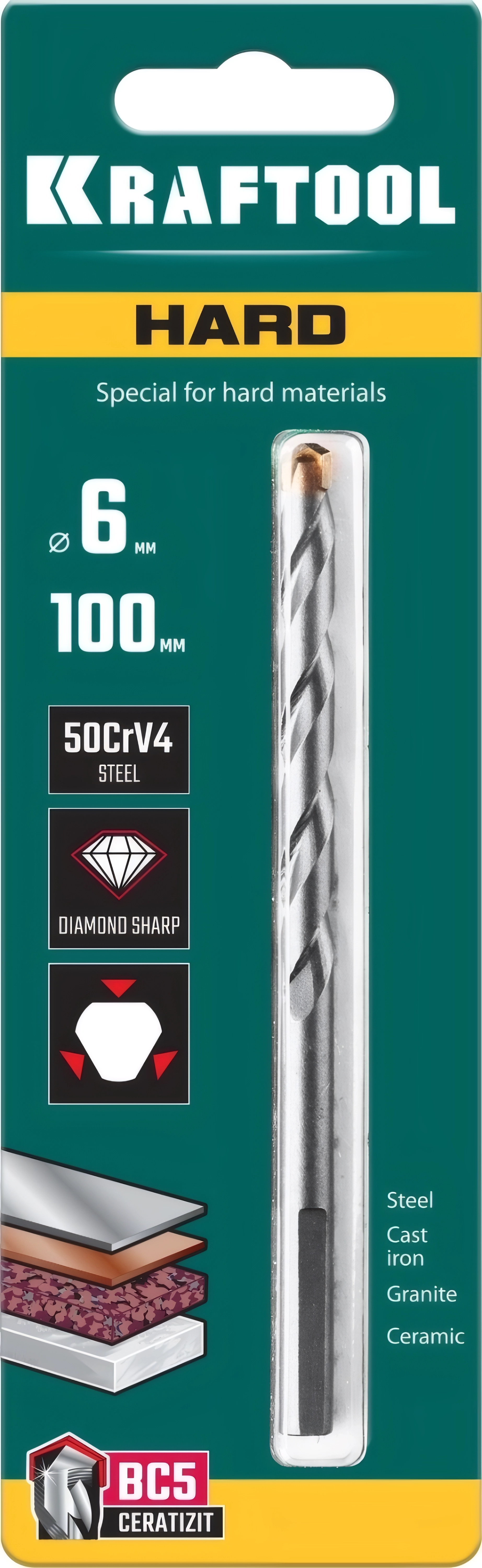 Сверло специальное по твёрдым материалам KRAFTOOL Hard, 6 х 100 мм, тв.сплав ВС5