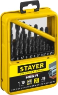 Professional STAYER HSS-R, 19 шт, (1-10 мм), быстрорежущая сталь P6M5, класс В, мет.бокс, набор сверл по металлу