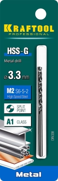 Сверло по металлу KRAFTOOL HSS-G, 3.3 х 65 мм, сталь P6M5