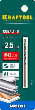 Сверло по металлу KRAFTOOL COBALT-8, 2.5 х 57 мм, сталь М42, HSS-Co(8%)