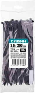 Хомуты-стяжки СИБИН ХС-Ч, 3.6 x 200 мм, нейлон РА66, 100 шт, черные
