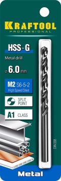 Сверло по металлу KRAFTOOL HSS-G, 6.0 х 93 мм, сталь P6M5