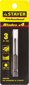 Сверло по стеклу и кафелю STAYER 3 мм, 4х кромка, HEX 1/4