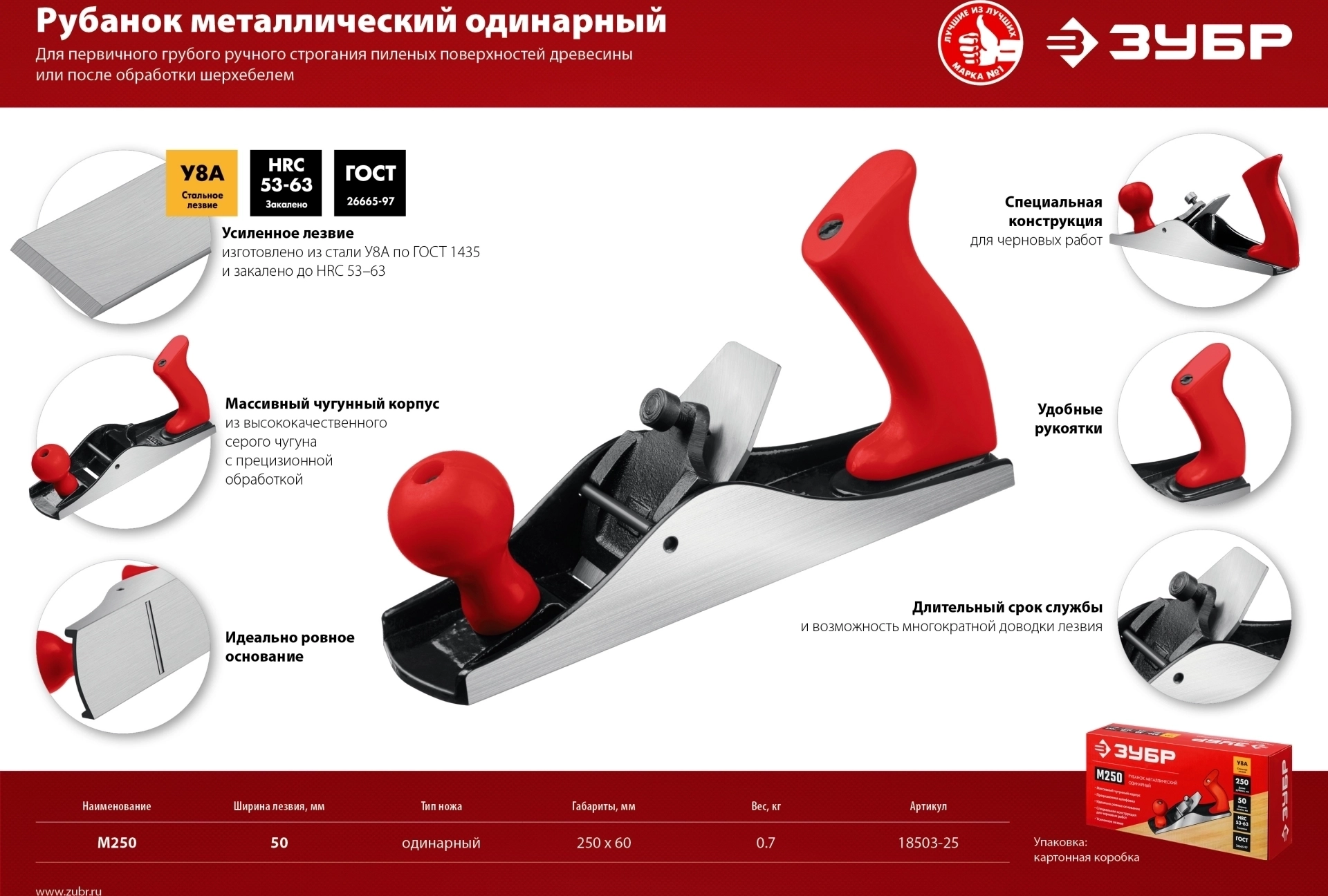 Металлический рубанок ЗУБР М250, 250 х 60 мм