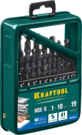 Набор сверл по металлу KRAFTOOL HSS-G, 19 шт, (1-10 мм), сталь P6M5