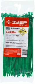 Профессионал ЗУБР КС-З1, 3.6 x 200 мм, нейлон РА66, 100 шт, зеленые, кабельные стяжки