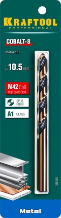 Сверло по металлу KRAFTOOL COBALT-8, 10.5 х 133 мм, сталь М42, HSS-Co(8%)
