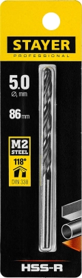 Professional STAYER HSS-R, 5.0 х 86 мм, быстрорежущая сталь P6M5, сверло по металлу