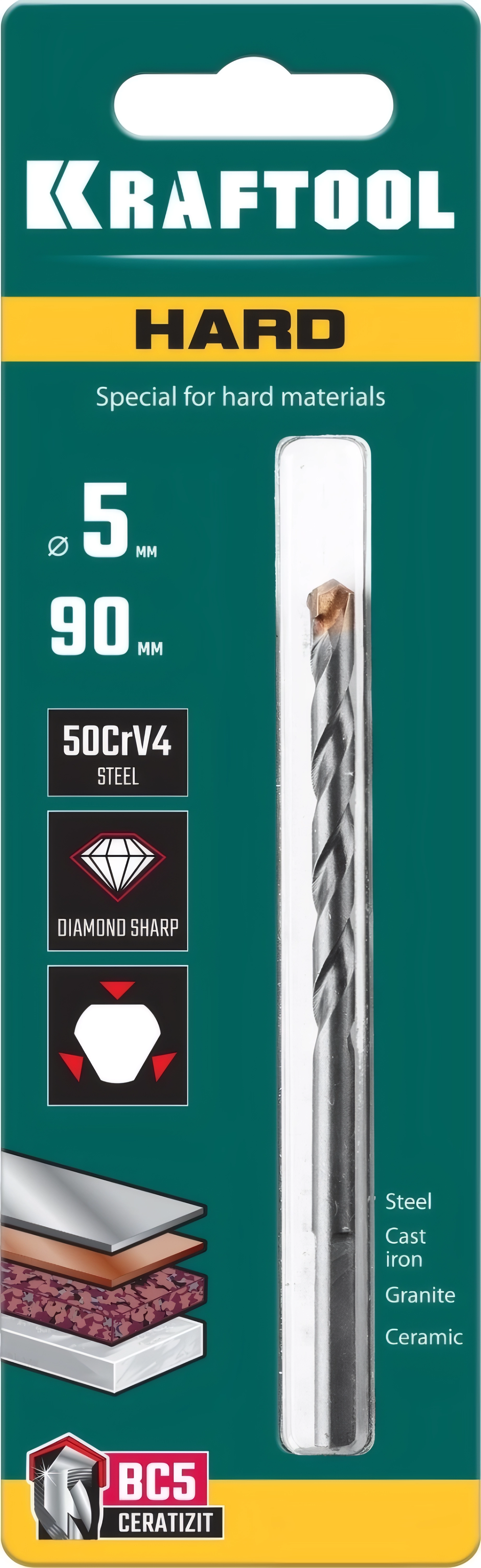 Сверло специальное по твёрдым материалам KRAFTOOL Hard, 5 х 90 мм, тв.сплав ВС5